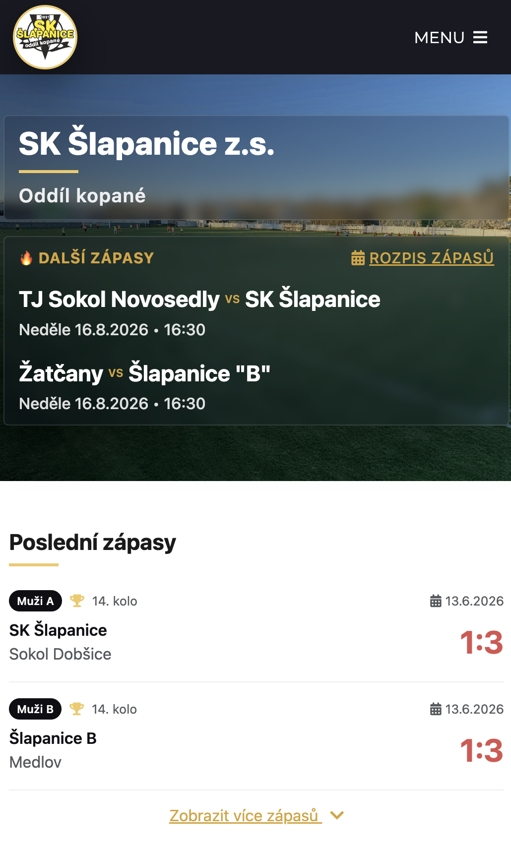 Web SK Šlapanice na mobilu