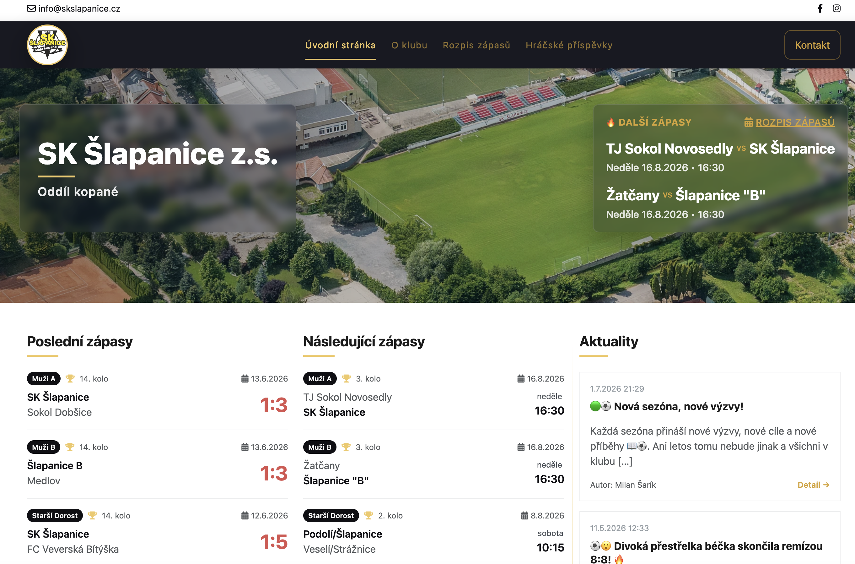 Web SK Šlapanice — úvodní stránka